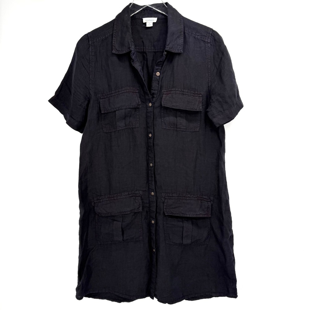 Sundance 100% Linen Utility Cargo Button Down Dress Size S‎ Short Sleeve  Black